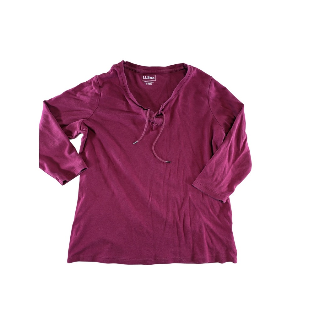 LL Bean‎ Womens Burgundy Cotton Lace Up V-Neck 3/4 Sleeve Top Size S Regular
